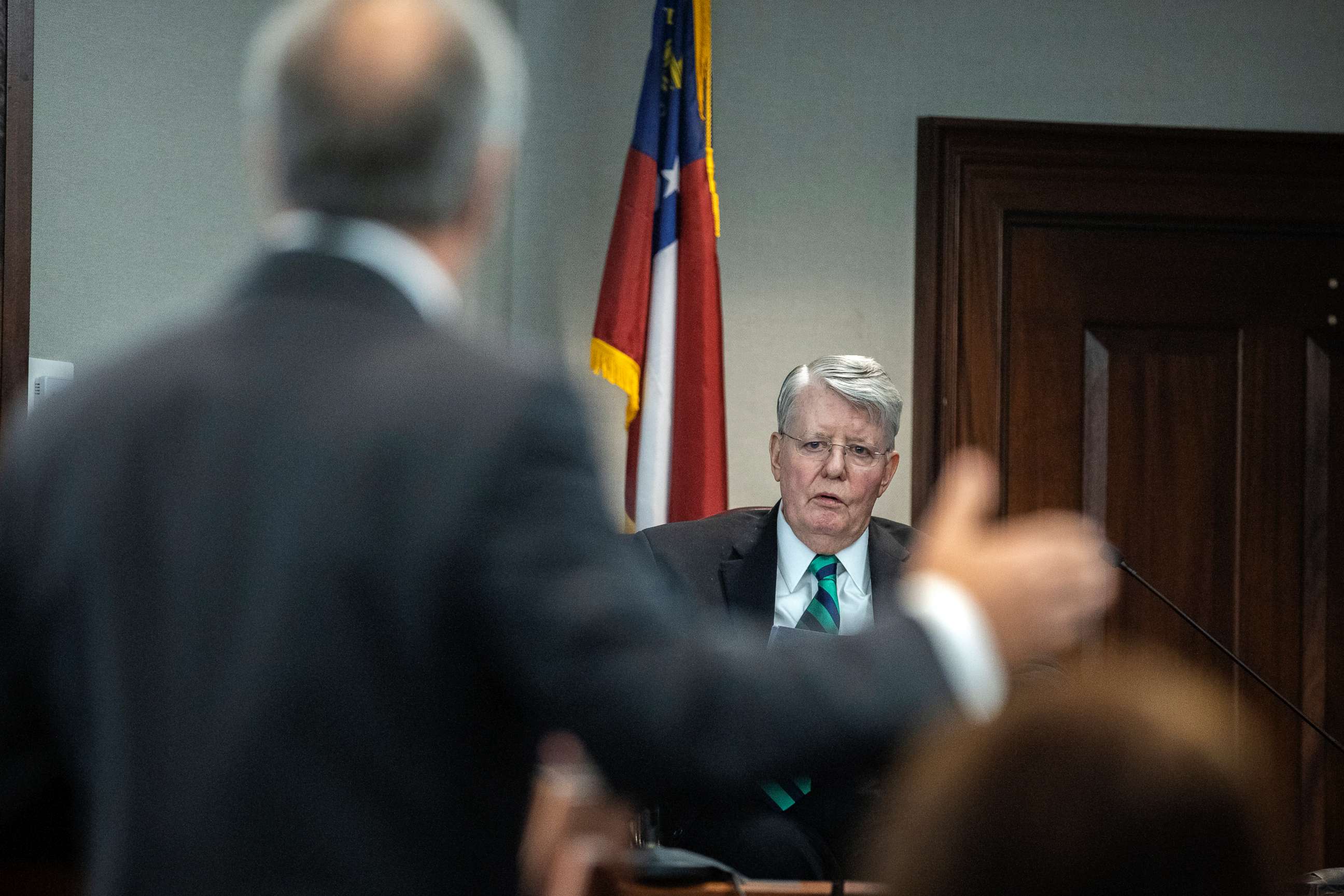 PHOTO: Georgia Bureau of Investigation Forensic Pathology Specialist Dr. Edmund R. Donoghue, right, is cross examined by defense attorney Bob Rubin at the Glynn County Courthouse, Nov. 16, 2021, in Brunswick, Georgia.