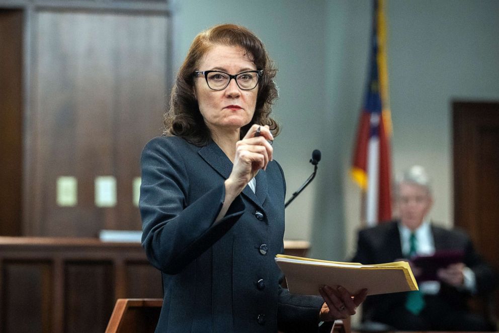PHOTO: Prosecutor Linda Dunikoski asks for evidence be brought into the courtroom in the trial of Greg McMichael and his son, Travis McMichael, and a neighbor, William "Roddie" Bryan in the Glynn County Courthouse, Nov. 16, 2021, in Brunswick, Georgia.
