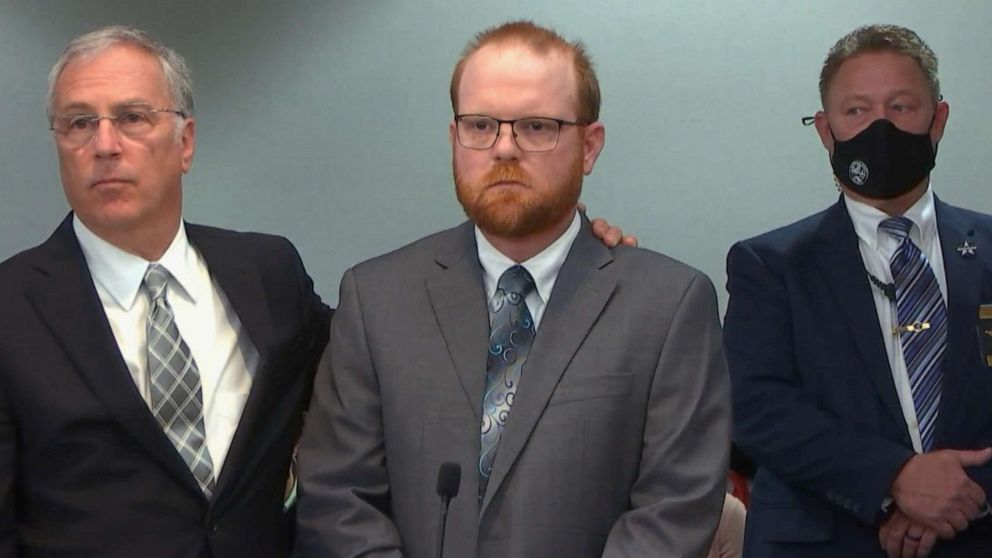 PHOTO: Travis McMichael listens to the verdict at the conclusion of the trial of he and his father Greg McMichael and William "Roddie" Bryan, at the Glynn County Courthouse, Nov. 24, 2021, in Brunswick, Ga.