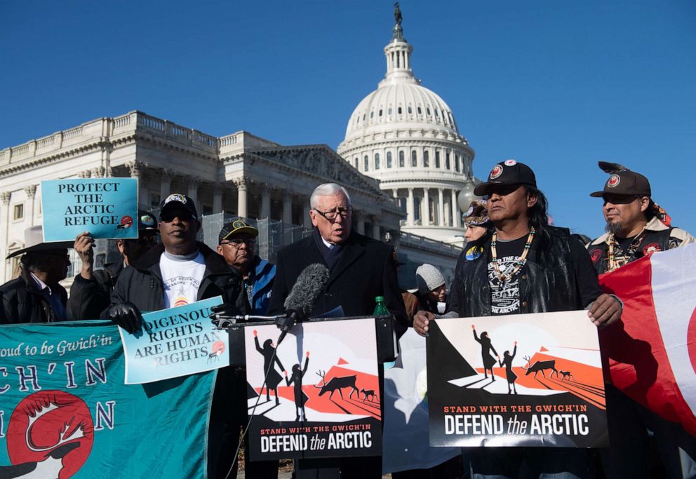 PHOTO: In this Dec. 11, 2018, file photo, House Democratic Whip Steny Hoyer, alongside Native American leaders, speaks against drilling in the Arctic National Wildlife Refuge, on the 58th anniversary of the Refuge, outside the Capitol in Washington, DC.