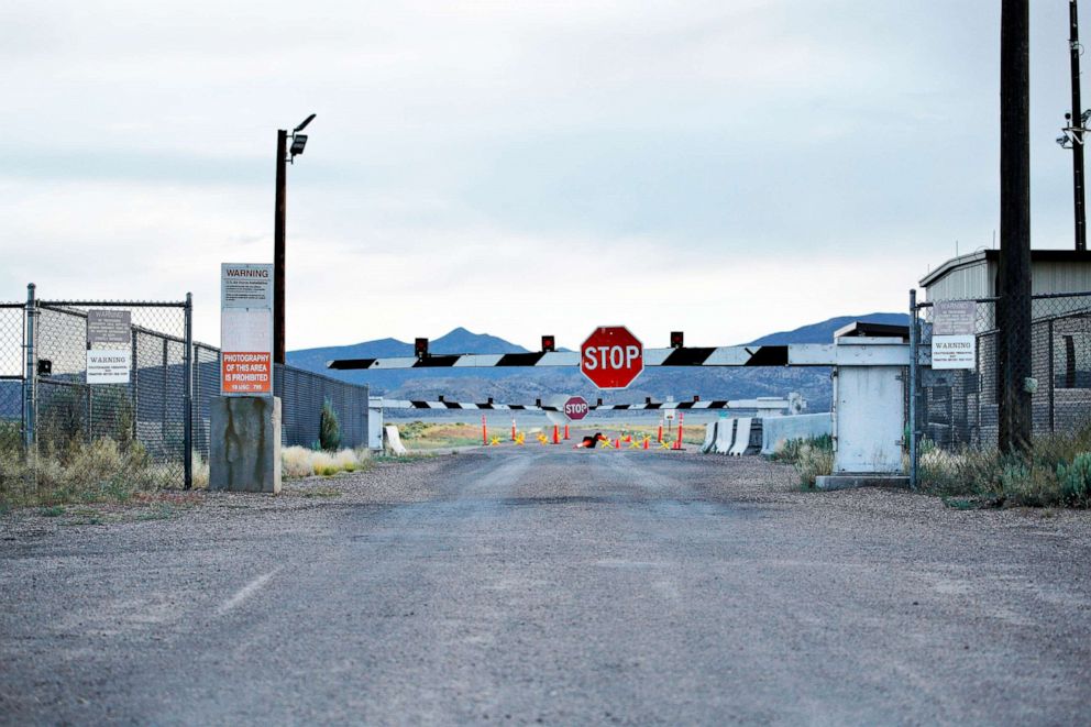 PHOTO: In this July 22, 2019 file photo, signs warn about trespassing at an entrance to the Nevada Test and Training Range near Area 51 outside of Rachel, Nev.