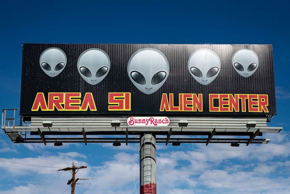 PHOTO: A sign reads 'Area 51 Alien Center' in front of the eponymous building, where more than 1,5 million people have decided to gather to 'storm' the Area 51, in Amargosa Valley, Ned., July 19, 2019.