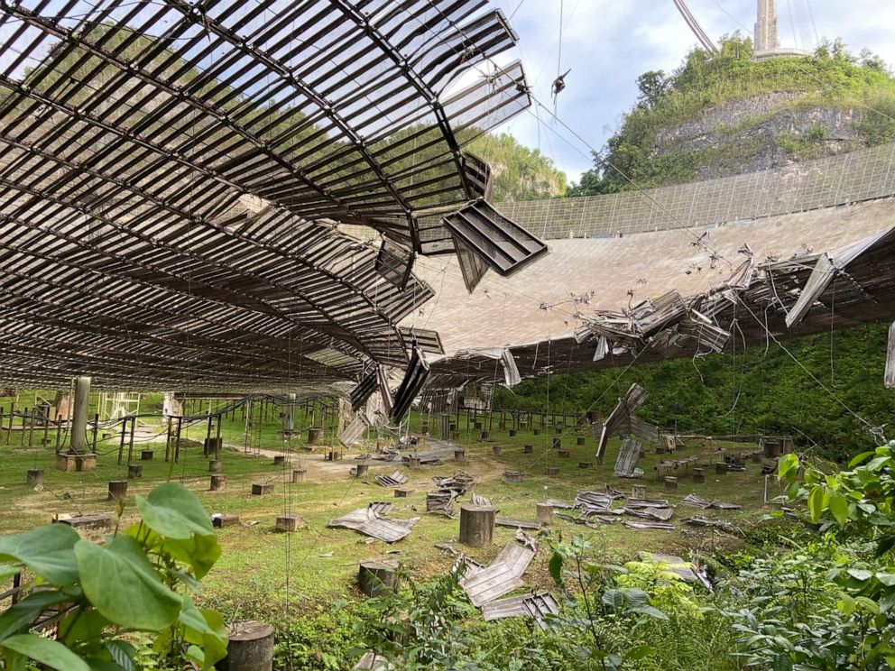 PHOTO: In this Tuesday, Aug. 11, 2020, file photo, provided by the Arecibo Observatory, shows the damage done by a broken cable that supported a metal platform, creating a 100-foot gash to the radio telescope's reflector dish in Arecibo, Puerto Rico.
