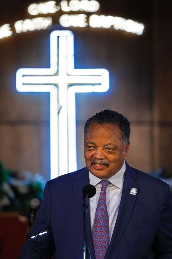 PHOTO: Rev. Jesse Jackson speaks at New Bethel Baptist Church, the church where Aretha Franklin's late father Rev. C.L. Franklin was a minister and where she began her singing career, on Aug. 19, 2018 in Detroit.