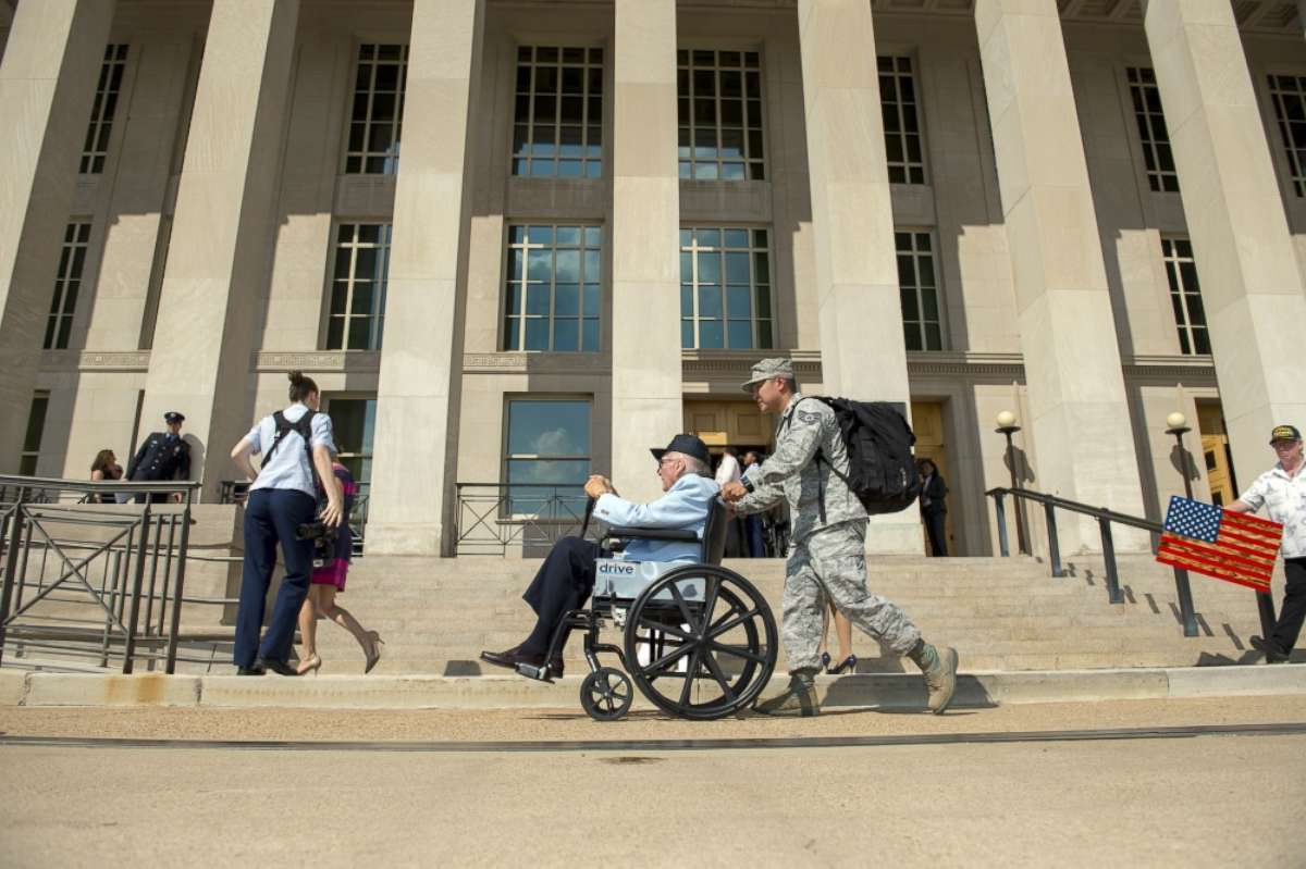 PHOTO: USS Arizona survivor Navy Seaman First Class Donald Stratton enter the Pentagon in Arlington, Va. July 17, 2017. Three survivors of the USS Arizona, which was attacked at Pearl Harbor at the beginning of World War II, toured the Pentagon. 