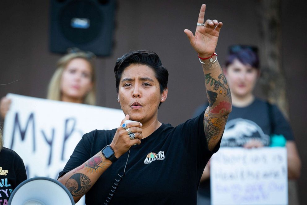 PHOTO: Lorena Austin, a candidate for Arizona House District 9, addresses the crowd and calls on them to vote for abortion rights candidates during an abortion rights rally at the Arizona Capitol in Phoenix, on Sept. 24, 2022.
