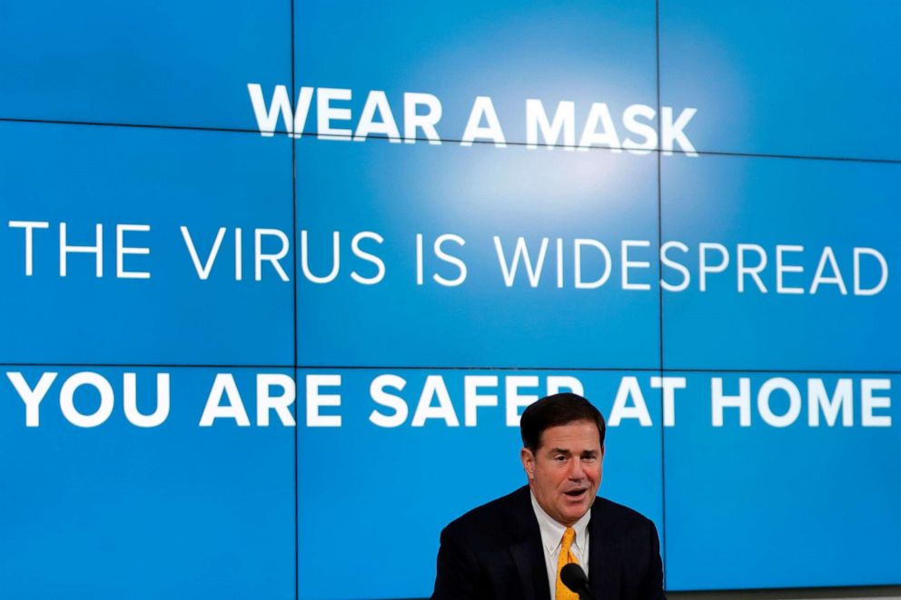PHOTO: Arizona Republican Gov. Doug Ducey gives the latest Arizona coronavirus update during a news conference Thursday, July 23, 2020, in Phoenix.