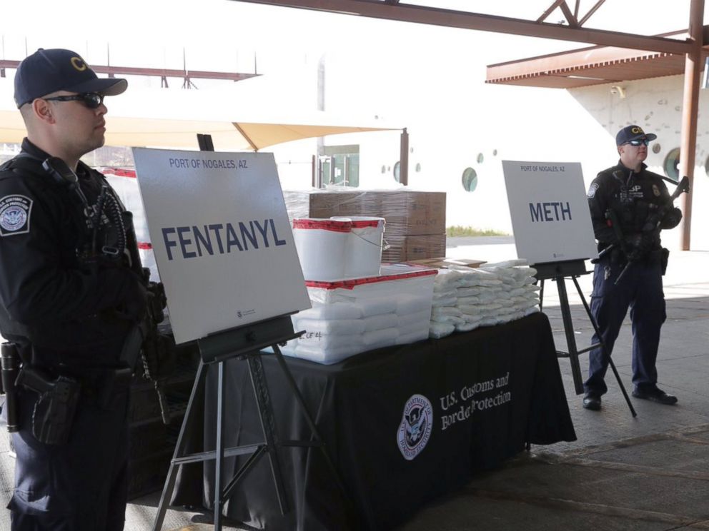 PHOTO: Packets of fentanyl and methamphetamine, which U.S. Customs and Border Protection say they seized from a truck crossing into Arizona from Mexico, is on display during a news conference at the Port of Nogales, Ariz., Jan. 31, 2019.
