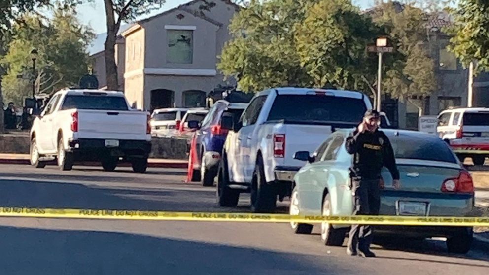 PHOTO: The scene near where five Phoenix police officers were shot and wounded after responding to a report of gunfire inside a home, Feb. 11, 2022.