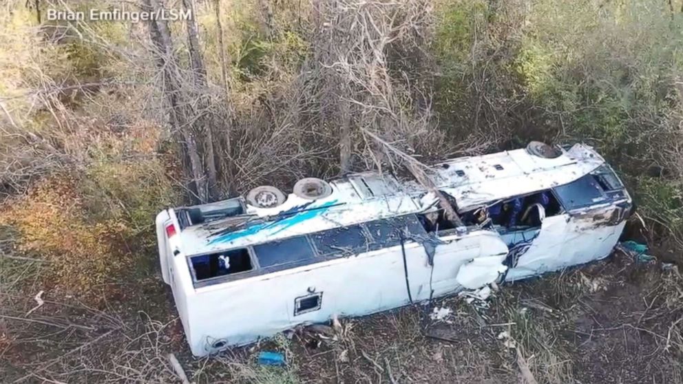PHOTO: A charter bus heading carrying a football team from Dallas, Texas, to Memphis, Tennessee, crashed outside Benton, Ark., Dec. 3, 2018.