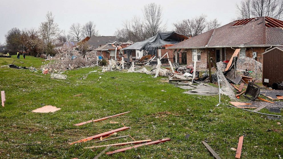 PHOTO: A row of houses behind George Elementary School in Springdale, Ark.. heavily damaged by a tornado, March 30, 2022.