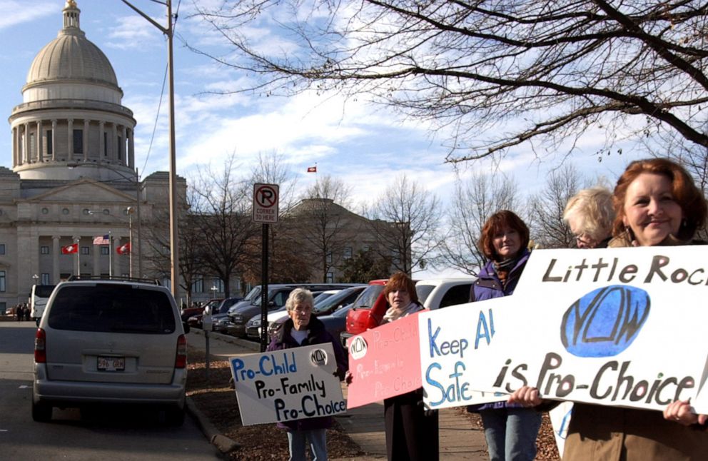 PHOTO: A handful of unidentified pro-choice supporters gather outside the state capitol prior to the 26th annual March for Life in Little Rock, Ark., Jan. 18, 2004.