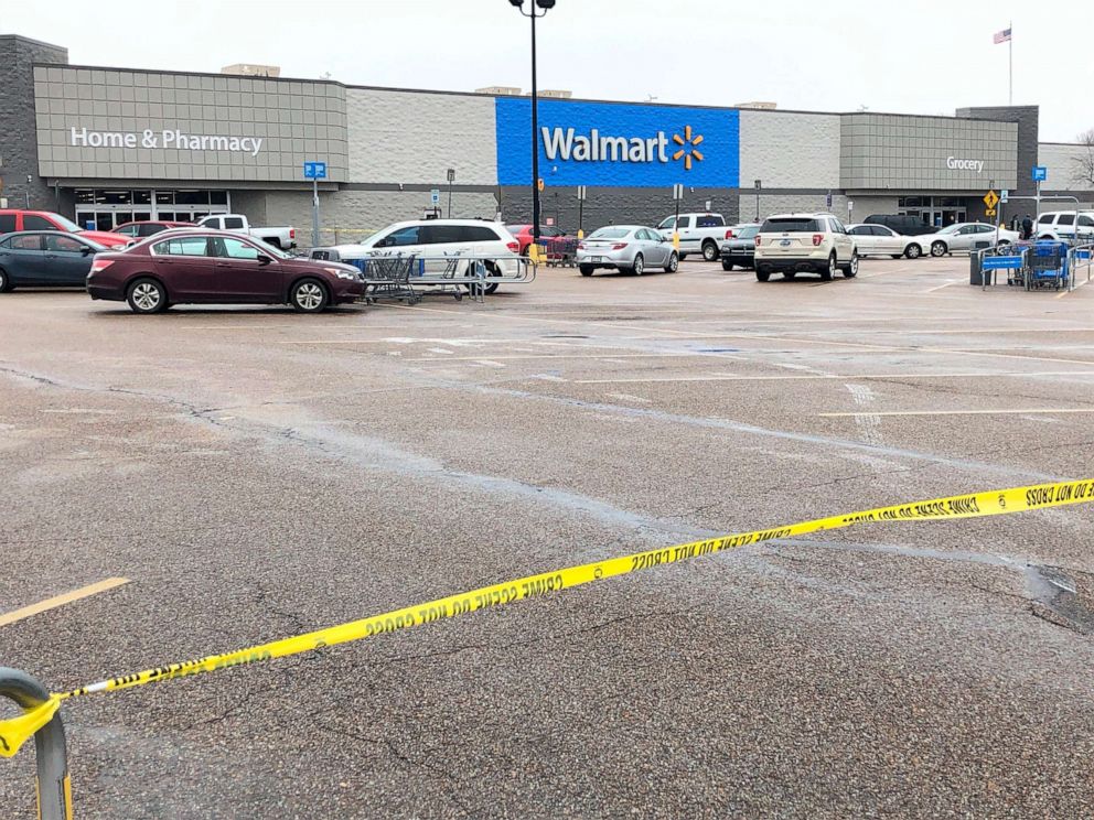 PHOTO: Police tape blocks off a Walmart store parking lot in Forrest City, Ark., on Feb. 10, 2020. Police say at least three people, including two officers, have been shot at this Walmart in eastern Arkansas.