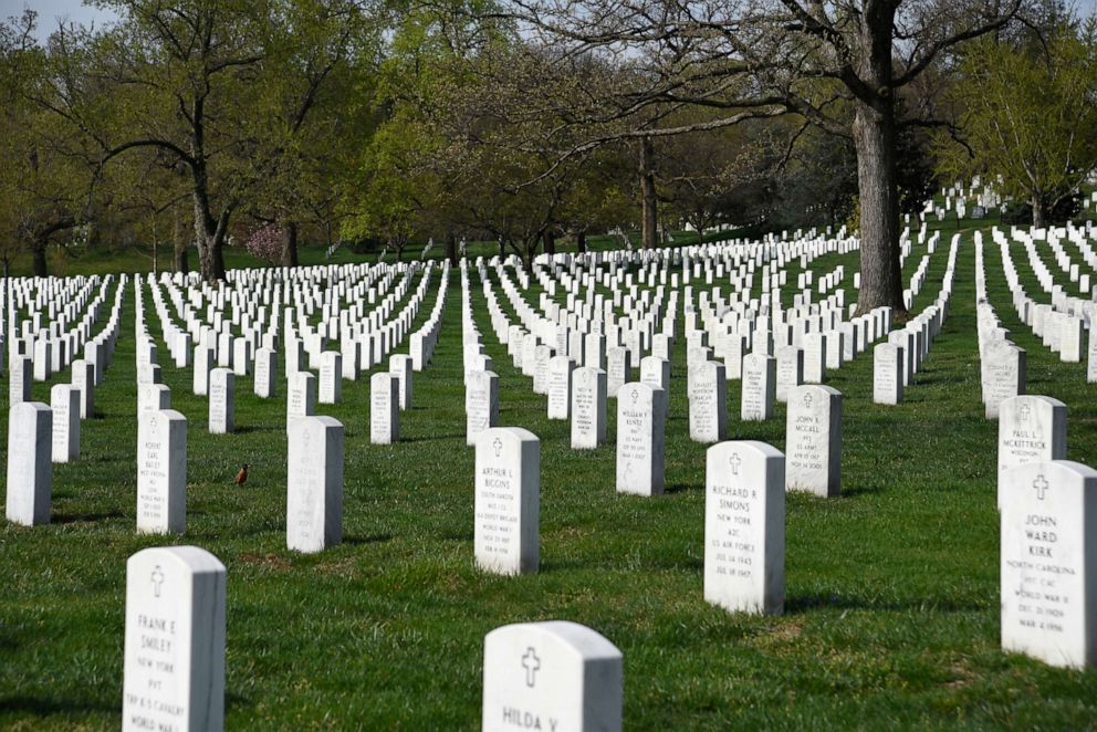PHOTO: In this April 22, 2018, file photo, the graves of U.S. veterans and their spouses fill Arlington National Cemetery near Washington, D.C.