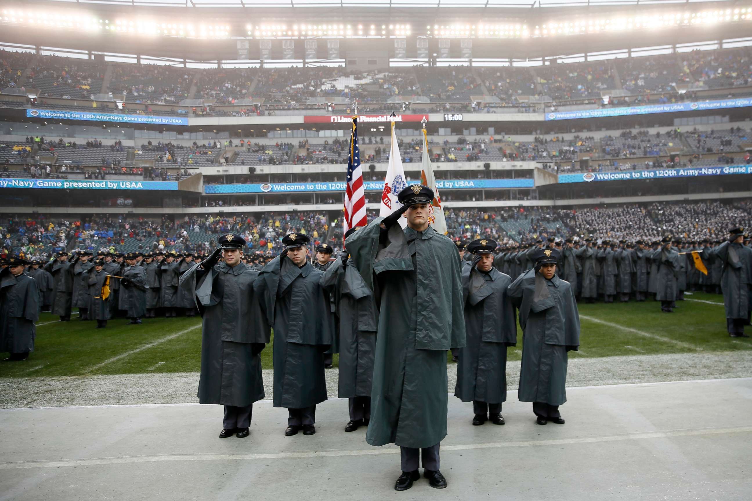 PHOTO: Army cadets salute before an NCAA college football game against Navy, Saturday, Dec. 14, 2019, in Philadelphia.