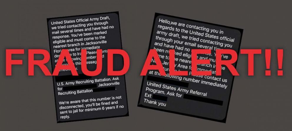 PHOTO: U.S. Army Recruiting Command released this graphic, Jan. 7, 2020, alerting the public that a number of fraudulent text messages informing individuals they have been selected for a military draft have circulated throughout the country this week.