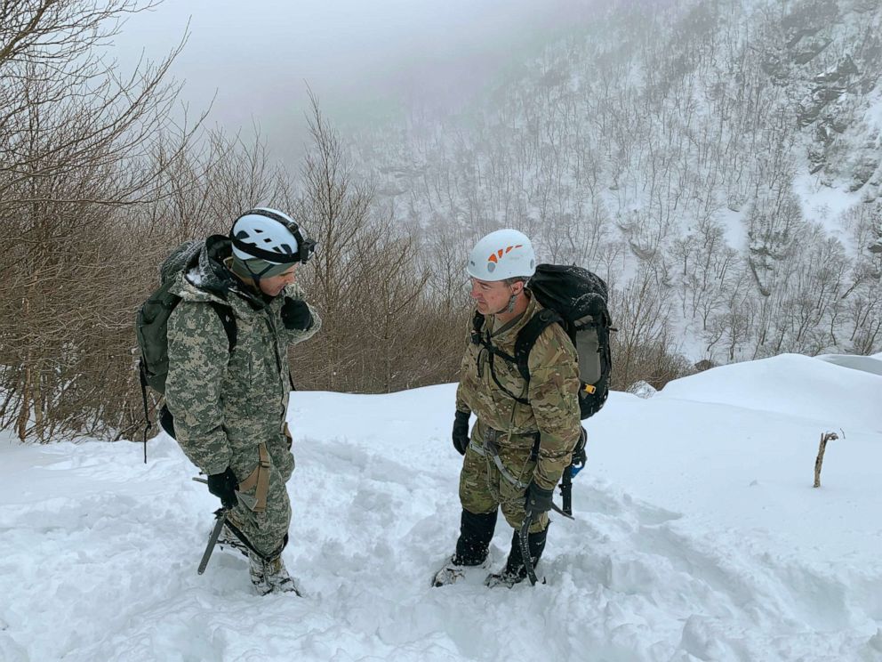 PHOTO: ABC News Senior Washington Reporter Devin Dwyer speaks with Master Sgt. Tom Bevins halfway up the mountain near Army Mountain Warfare School in Jericho, Vermont.