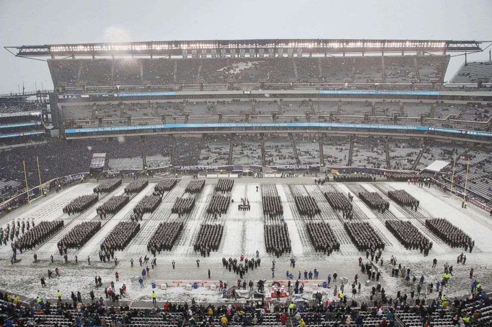 PHOTO: Navy Midshipmen stand in formation on the field ahead of an NCAA college football game between the Army and the Navy, Dec. 9, 2017, in Philadelphia. 