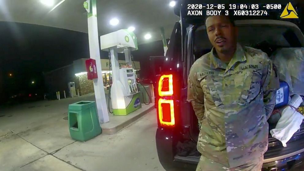 PHOTO: In this image made from Windsor, Va., police video, a police officer uses a spray agent on Caron Nazario on Dec. 20, 2020, in Windsor, Va. Nazario, a second lieutenant in the U.S. Army, is suing two Virginia police officers.