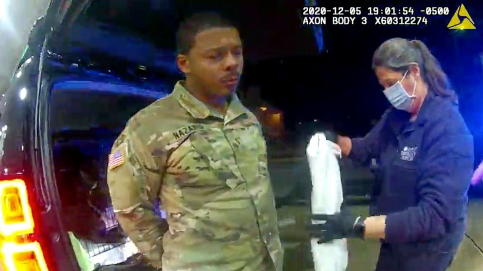 PHOTO: In this image made from Windsor, Va., police video, a police officer uses a spray agent on Caron Nazario on Dec. 20, 2020, in Windsor, Va. Nazario, a second lieutenant in the U.S. Army, is suing two Virginia police officers.