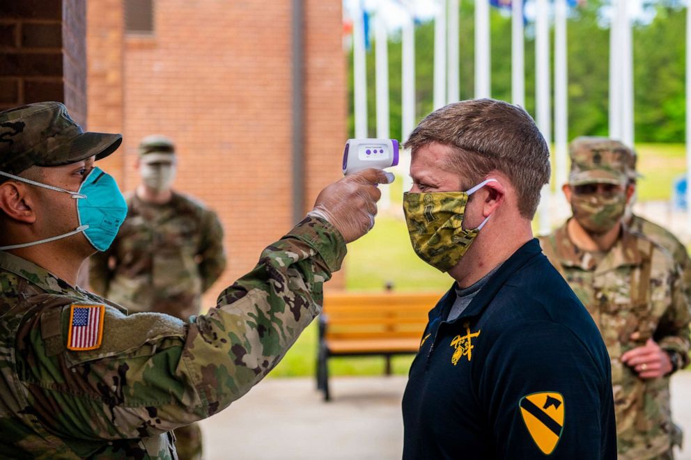 PHOTO: Secretary of the Army Ryan McCarthy has his temperature taken at 30th Adjutant Battalion (Reception) during his visit to the Maneuver Center of Excellence April 29, 2020.