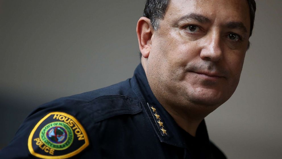 PHOTO: Houston police chief Art Acevedo looks on during a press conference following a tour of the NRG Center evacuation center, Sept. 4, 2017, in Houston, Texas.
