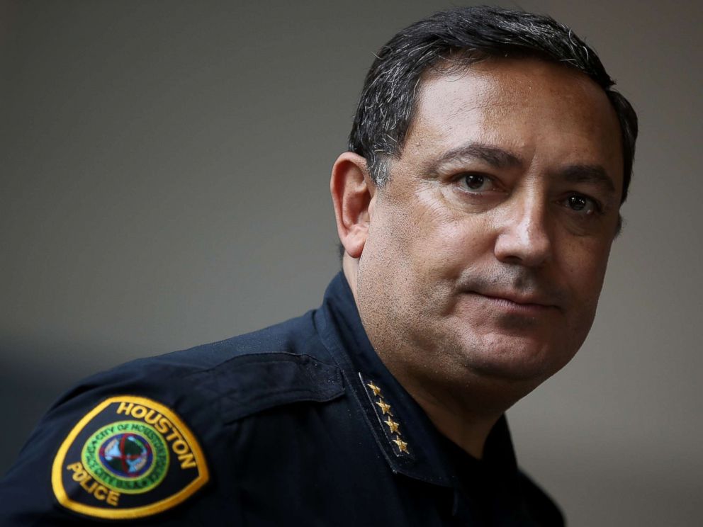 PHOTO: Houston police chief Art Acevedo looks on during a press conference following a tour of the NRG Center evacuation center, Sept. 4, 2017, in Houston, Texas.