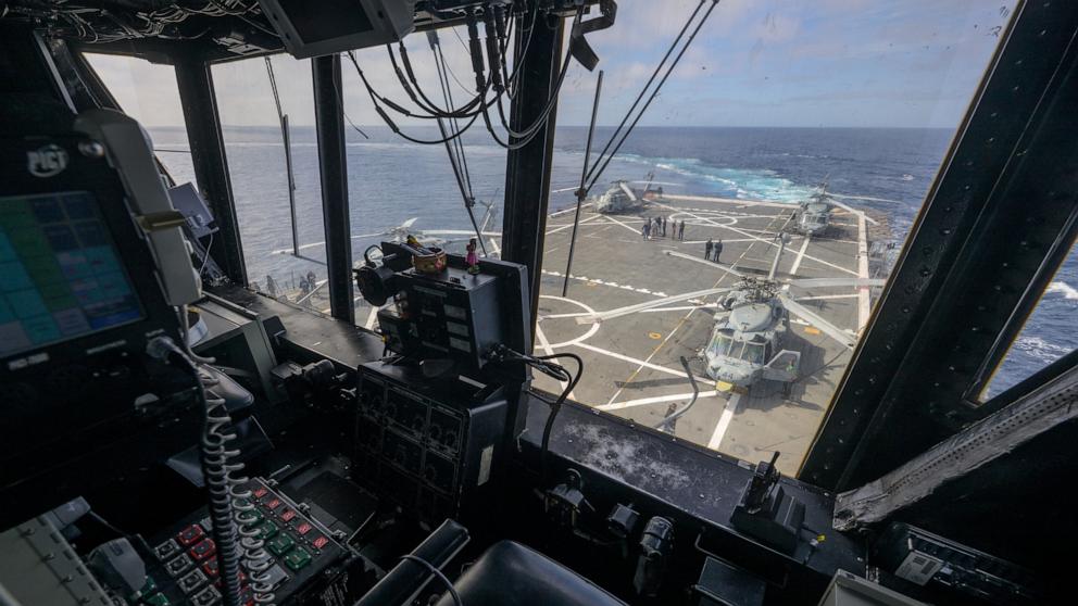 PHOTO: View of the USS John P. Murtha flight deck is seen from the air boss tower ahead of the return of the Artemis II crewmembers to Earth, April 9, 2026, in the Pacific Ocean off the coast of California.