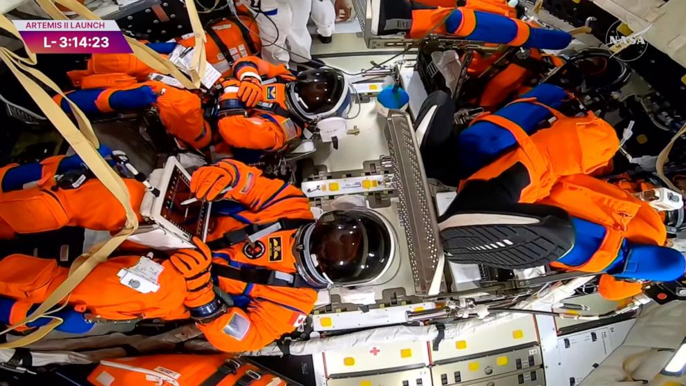 PHOTO: Astronauts are strapped into their seats in the Orion crew module at the top of the Artemis II rocket at the Kennedy Space Center in Cape Canaveral, Florida, April 1, 2026.