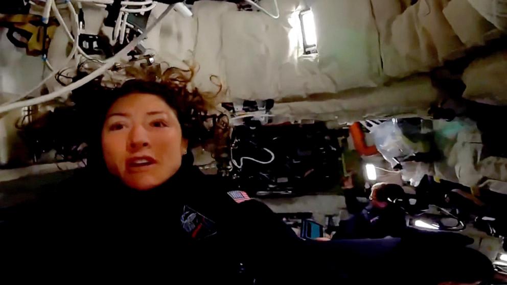 PHOTO: NASA astronaut Christina Koch participates in the daily planning conference in Orion spacecraft as it heads to the moon, April 3, 2026.