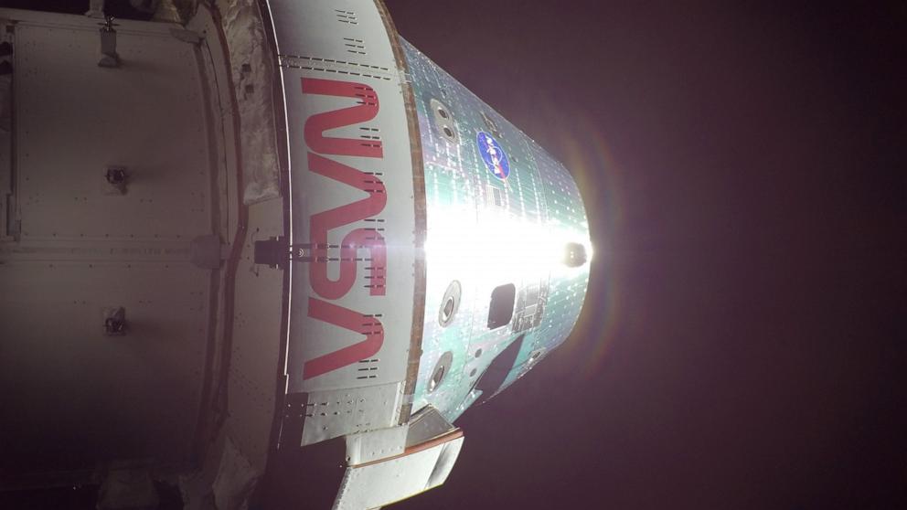 PHOTO: The Orion spacecraft is pictured from one of the cameras mounted on its solar array wings, April 7, 2026.