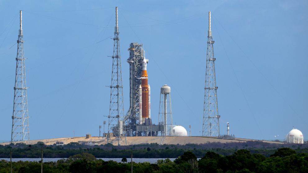 PHOTO: NASA's Space Launch System rocket with the Orion spacecraft aboard is seen as the Artemis II launch teams load more than 700,000 gallons of cryogenic propellant at the Kennedy Space Center in Florida, April 1, 2026.