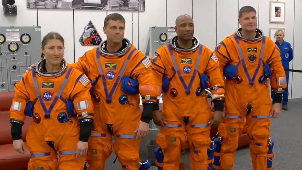 PHOTO: NASA astronauts Christina Koch, Reid Wiseman, Victor Glover and CSA astronaut Jeremy Hansen pose together before the launch of the Artemis II SLS rocket and Orion spacecraft, April 1, 2026 at the Kennedy Space Center in Florida.