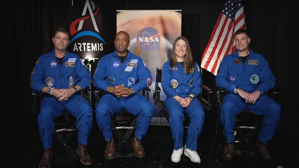 PHOTO: NASA's Artemis II mission astronauts commander Reid Wiseman, pilot Victor Glover, mission specialist Christina Koch, and Canadian Space Agency's Jeremy Hansen sit for an interview with ABC News' David Muir, on April 16, 2026.