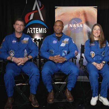 [PHOTO: NASA's Artemis II mission astronauts commander Reid Wiseman, pilot Victor Glover, mission specialist Christina Koch, and Canadian Space Agency's Jeremy Hansen sit for an interview with ABC News' David Muir, on April 16, 2026.]