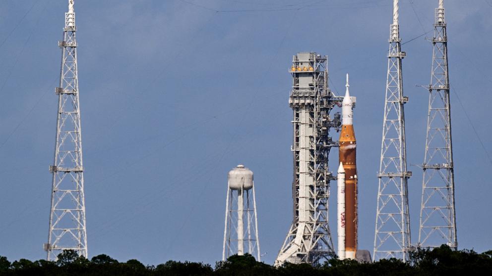 PHOTO: The Artemis II Space Launch System (SLS) rocket and Orion spacecraft at Launch Complex 39B ahead of the mission launch at the Kennedy Space Center in Cape Canaveral, Fla., April 1, 2026. 