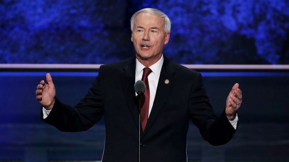 PHOTO: Gov. Asa Hutchinson delivers a speech on the second day of the Republican National Convention, July 19, 2016 at the Quicken Loans Arena in Cleveland, Ohio.