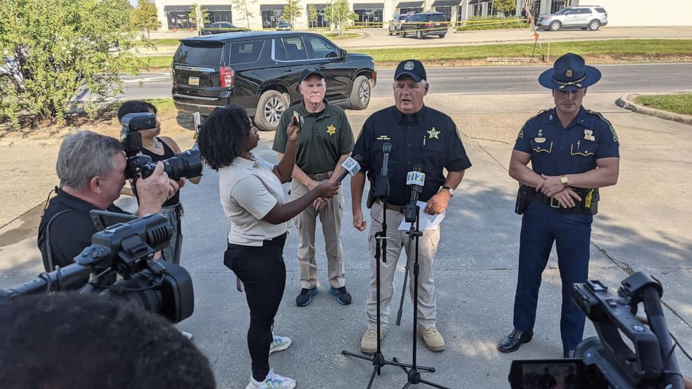 PHOTO: Ascension Parish Sheriff Bobby Webre provides an update on the search for Matthew Mire, 31, who is suspected of shooting several people in Louisiana on Saturday, Oct. 9, 2021.