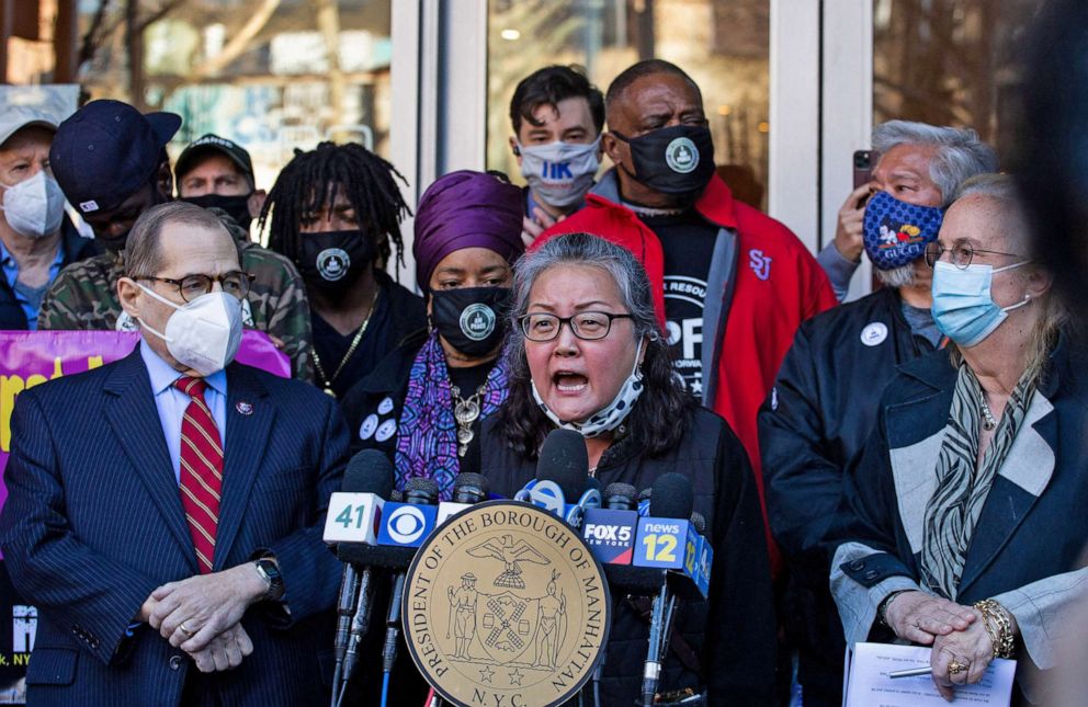 PHOTO: Jo-Ann Yoo, Executive Director of the Asian American Federation, speaks during an Asian American anti-violence press conferenceon March 30, 2021, outside the building where a 65-year-old Asian woman was attacked,  in New York City.