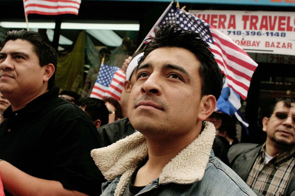 PHOTO: Asian American immigrants protests their treatment in the U.S. on May 1, 2006, in Jackson Heights, Queens, New York.