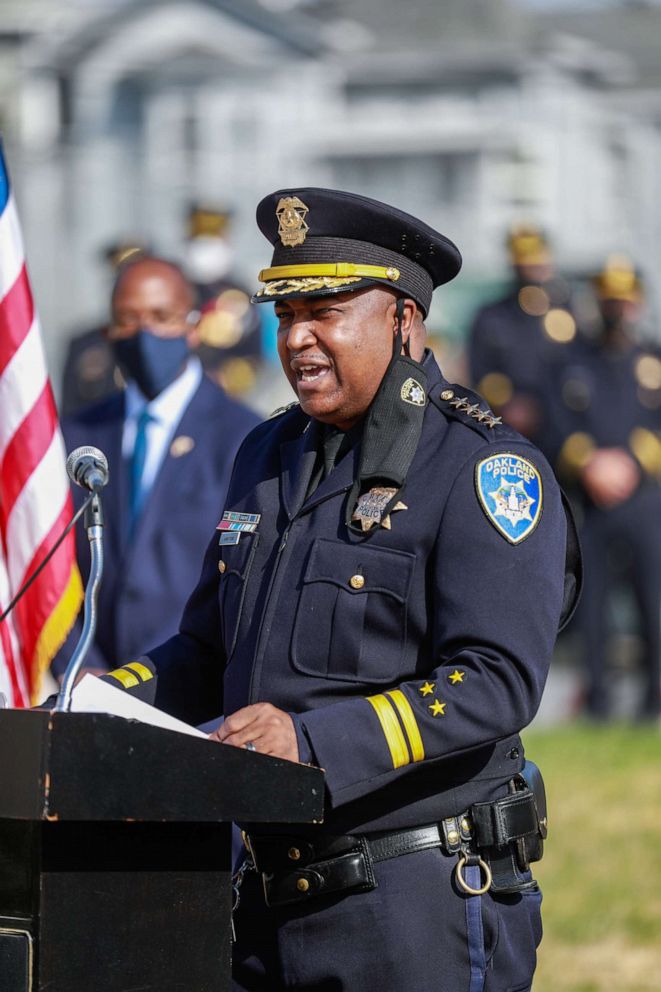 PHOTO: Oakland Police Chief LeRonne Armstrong speaks after being sworn in in Oakland, Calif., Feb. 8, 2021.
