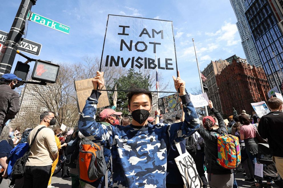 PHOTO: Asian Americans are gathered at the City Hall to protest Asian-Hate in New York City, March 27, 2021. 