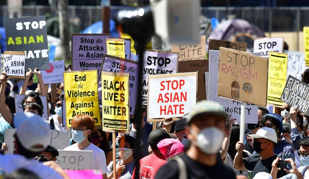PHOTO: Social activists gather for a demonstration denouncing anti-Asian American and Pacific Islander sentiment and hate at City Hall in Los Angeles, March 27, 2021.