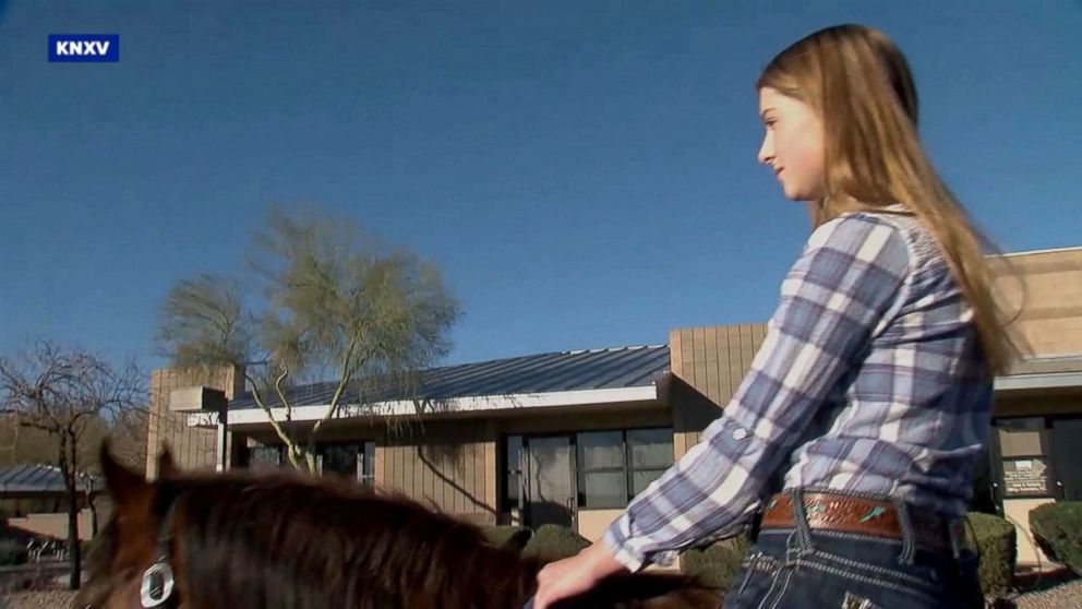 PHOTO: Aspen Cline was denied service after riding her horse through a Starbucks drive-thru, March 3, 2018, in Anthem, Arizona.