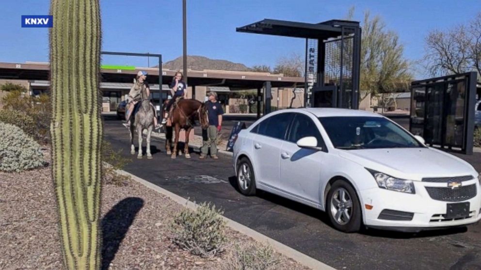 PHOTO: Aspen Cline was denied service after riding her horse through a Starbucks drive-thru, March 3, 2018, in Anthem, Arizona.