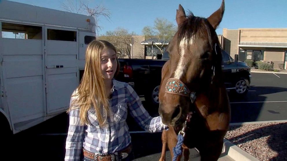 Aspen Cline was denied service after riding her horse through a Starbucks drive-thru, March 3, 2018, in Anthem, Arizona.