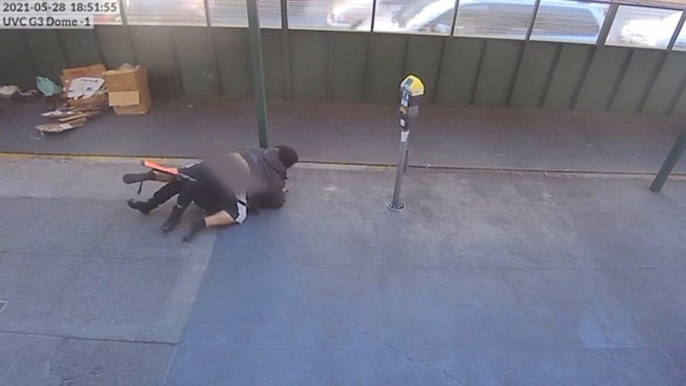 PHOTO: Surveillance video obtained by ABC San Francisco station KGO shows a suspect attacking a police officer in San Francisco on May 28, 2021.