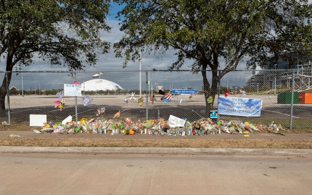 PHOTO: A memorial for the victims of Astroworld Festival is set up outside of NRG Park in Houston, Texas on November 24, 2021.