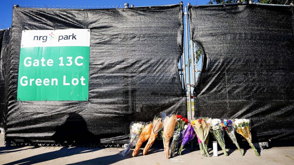 PHOTO: Flowers are seen outside of the canceled Astroworld festival at NRG Park, Nov. 6, 2021 in Houston, Texas.