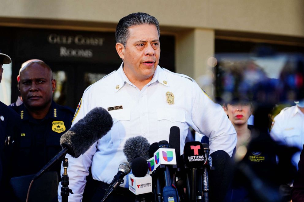 PHOTO: Houston Fire Department Chief Samuel PeÃ±a speaks at the press conference addressing the cancellation of the Astroworld festival at the Wyndham Hotel family reunification center, Nov. 6, 2021, in Houston, Texas.